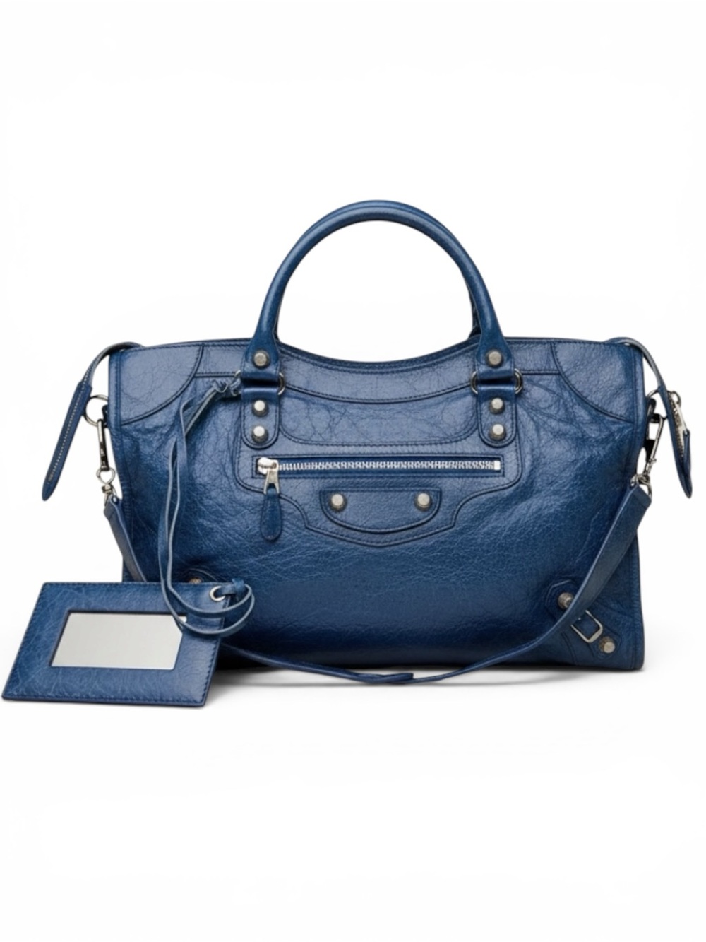 Auth Balenciaga Classic City Bag Cobalt Blue medium motorcycle Giant 12 Silver